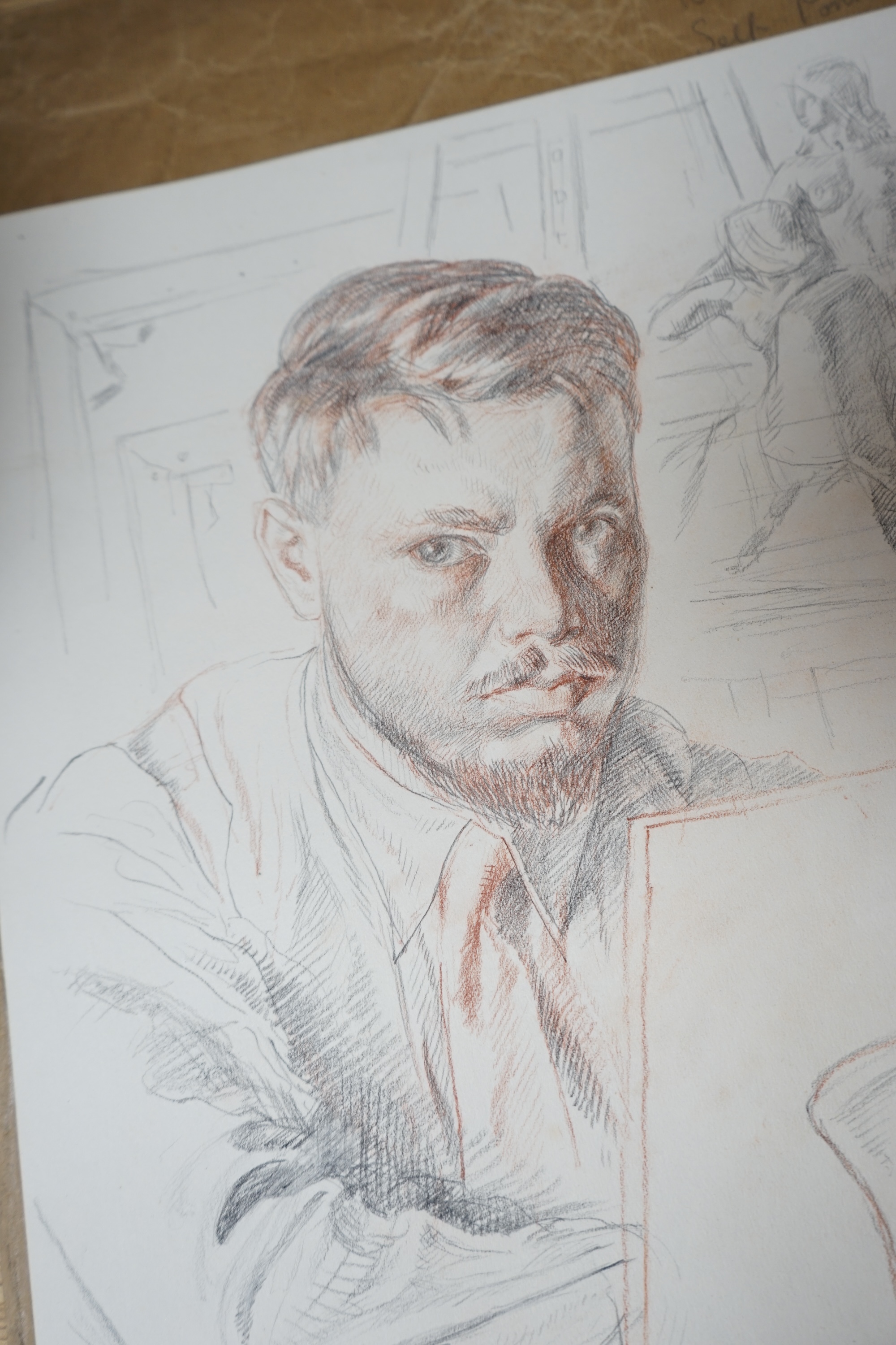 Modern British, pencil and sepia chalk, 'Bernard, Self-portrait - Imaginative Subject', 35 x 26cm, unframed. Condition - good